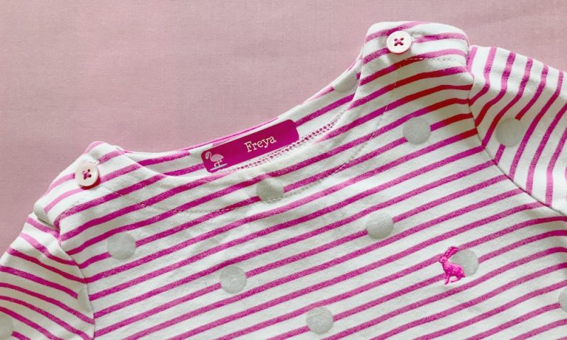 Close up of an iron on Stikets personalised name label